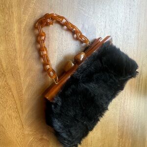 Vintage Real Fur Handbag with Authentic Bakelite Frame & Chain Handle (Rare)
